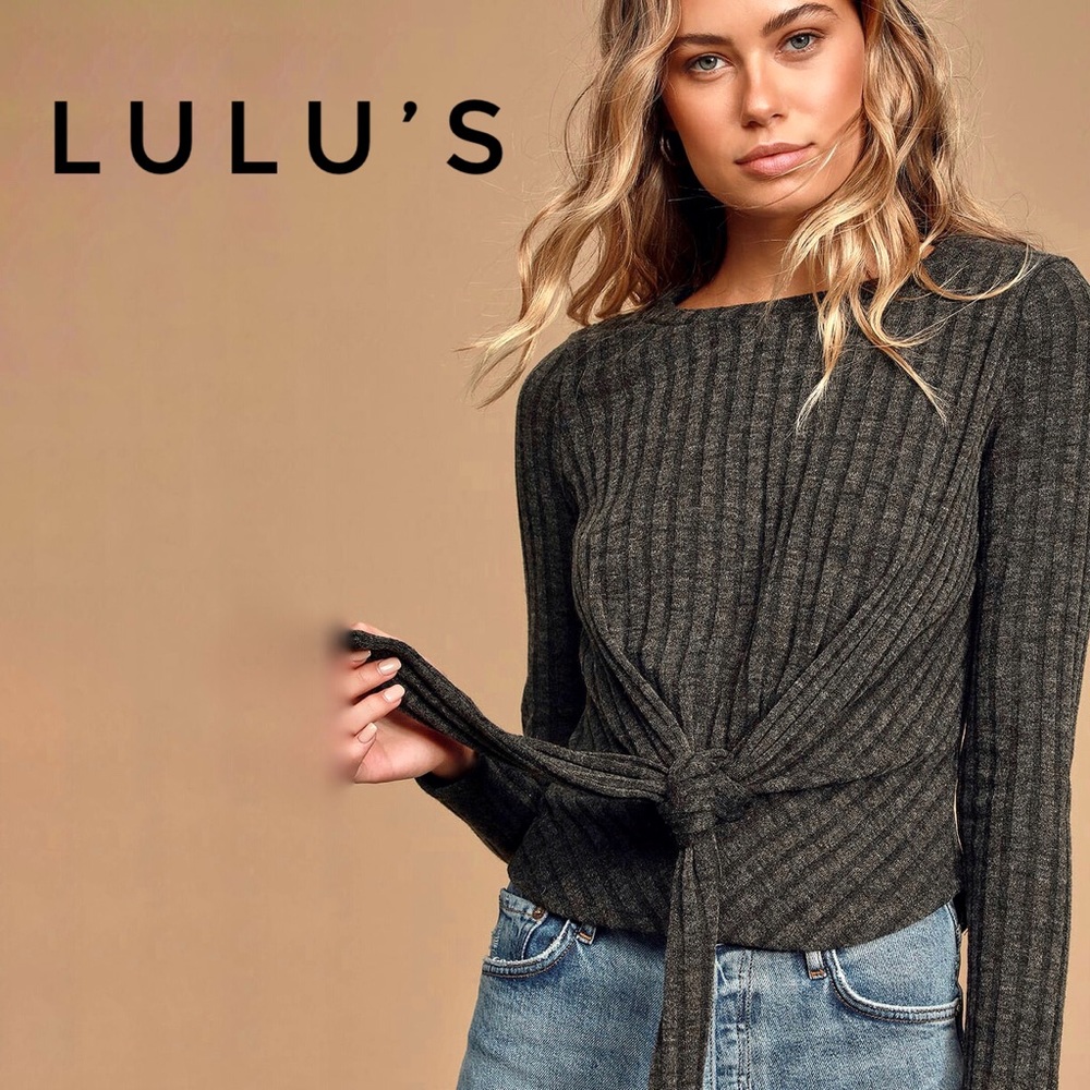 LULUs Your Sweet Love Charcoal Ribbed TieFront Top - Picture 1 of 12